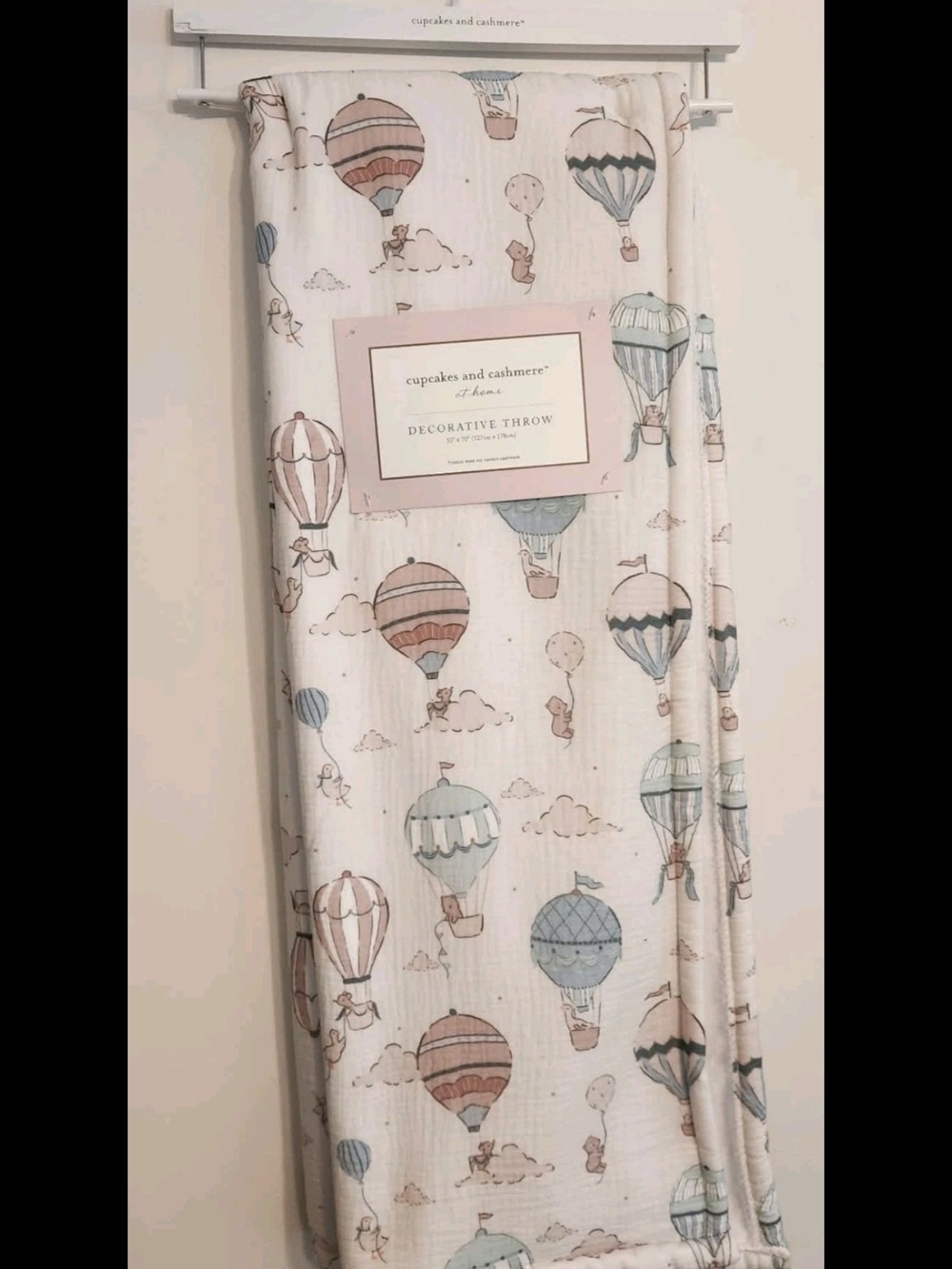 cupcakes & cashmere Cream Throw with Pastel Blue and Muted Pink Hot Air Balloons